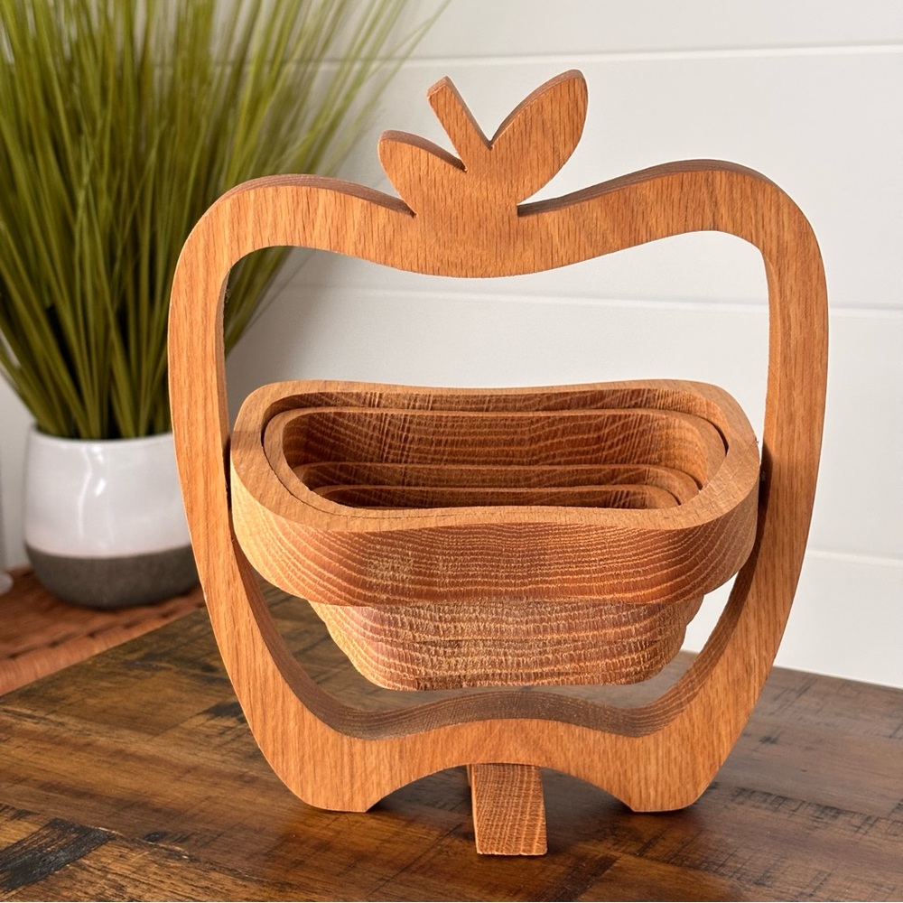 John Keim Signed Apple-Shaped Handcrafted Oak Wood Collapsible Basket